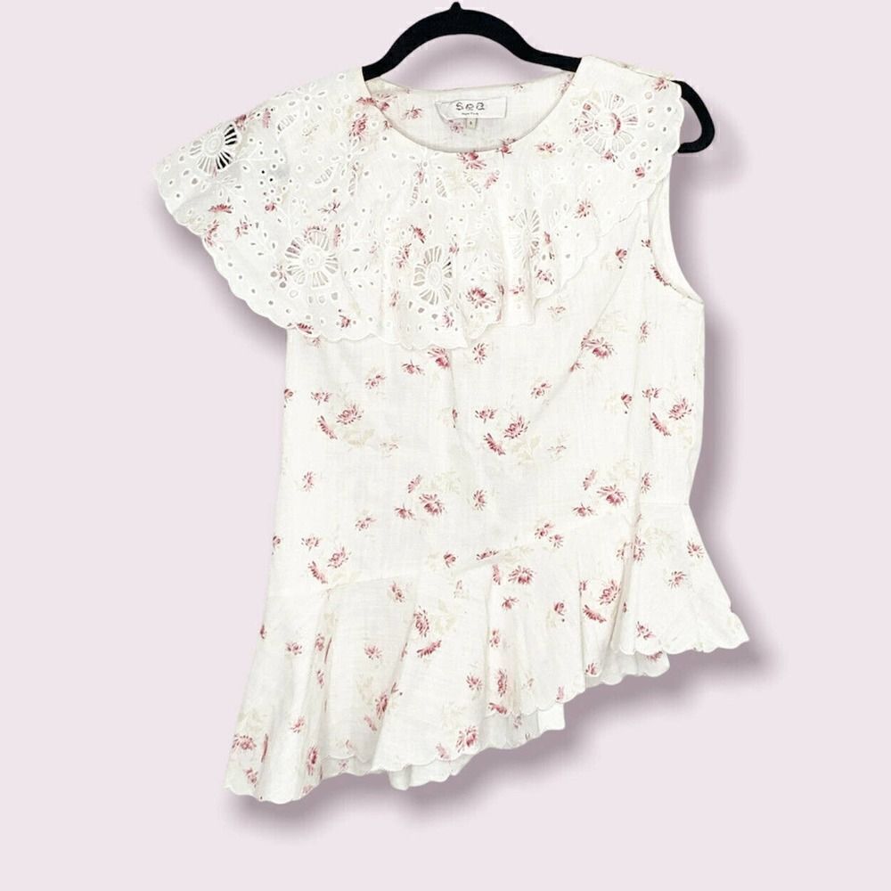 Sea New York White Eyelet Ruffle Pink Floral Asymmetrical Peplum Blouse Top 6